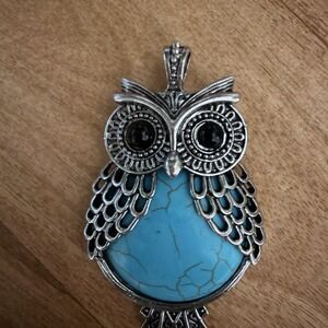 Large Ornate Faux Turquoise Owl Detailed Silver Tone Filigree Pendant
